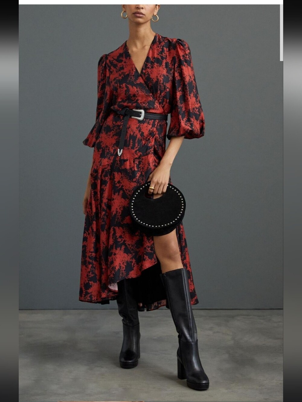 Caballero Silk Blend Red and Black Floral Wrap Midi Dress